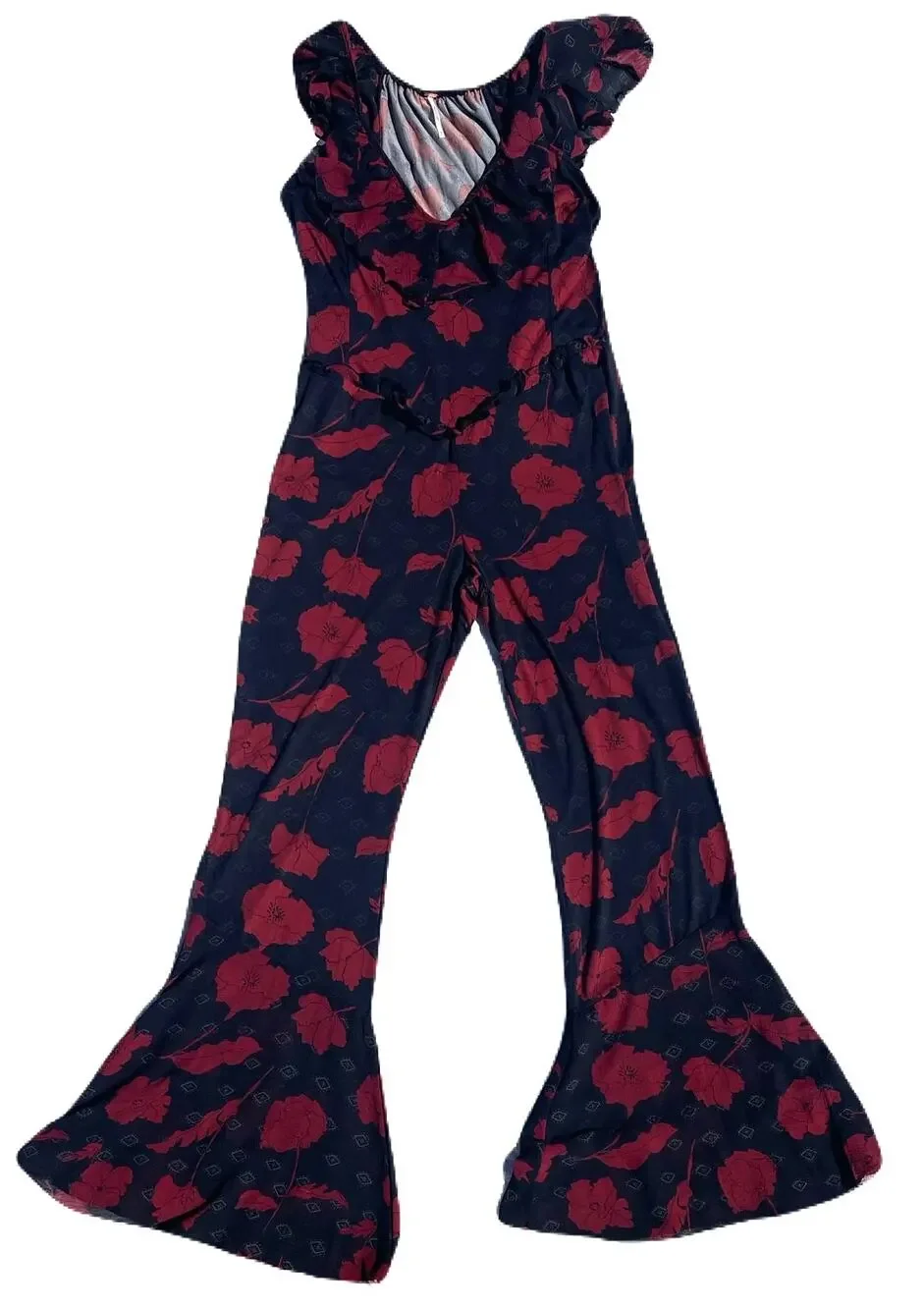 Free People Austyn Red Floral Black Goth Boho Bell Bottom Ruffle Jumpsuit Med